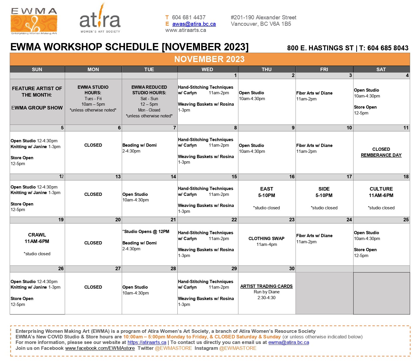 November workshop schedule